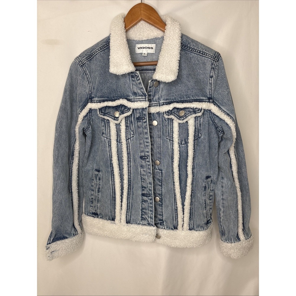 Vigoss Sherpa Trim Denim Jean Trucker Jacket Faux Shearling Size S Rustic Boho
